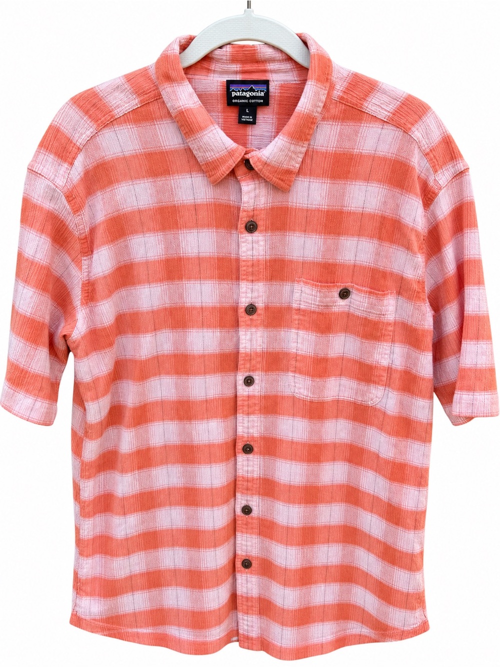 Patagonia Organic Cotton Men’s L Coral Plaid Short Sleeve Button Up Shirt